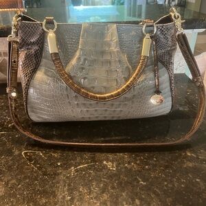 Brahmin Gray and Brown Croc-Embossed Shoulder Bag with Gold Accents